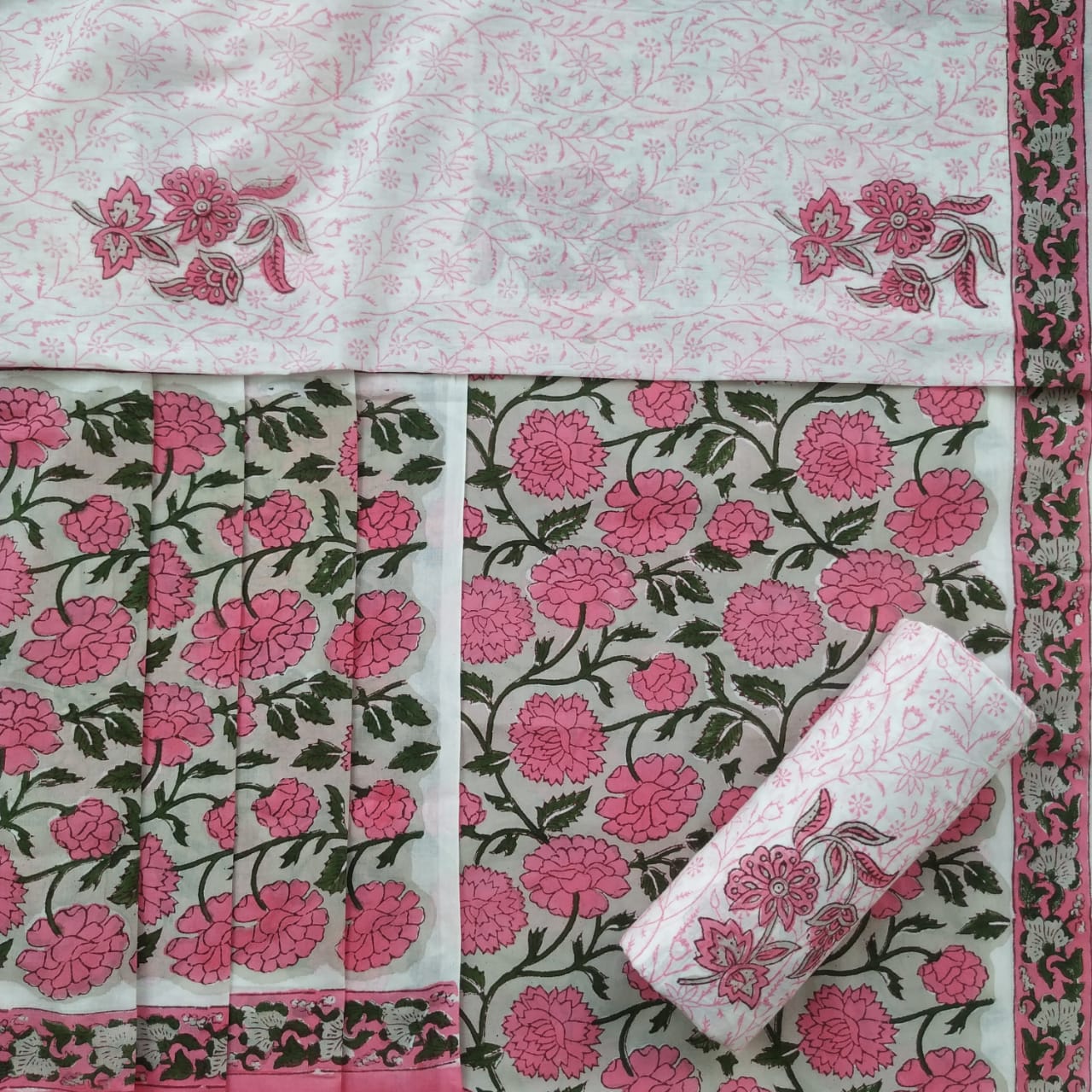 Shop Unstitched Hand Block Print Pure Cotton Suits with Mulmul Dupatta (PRMUL198)