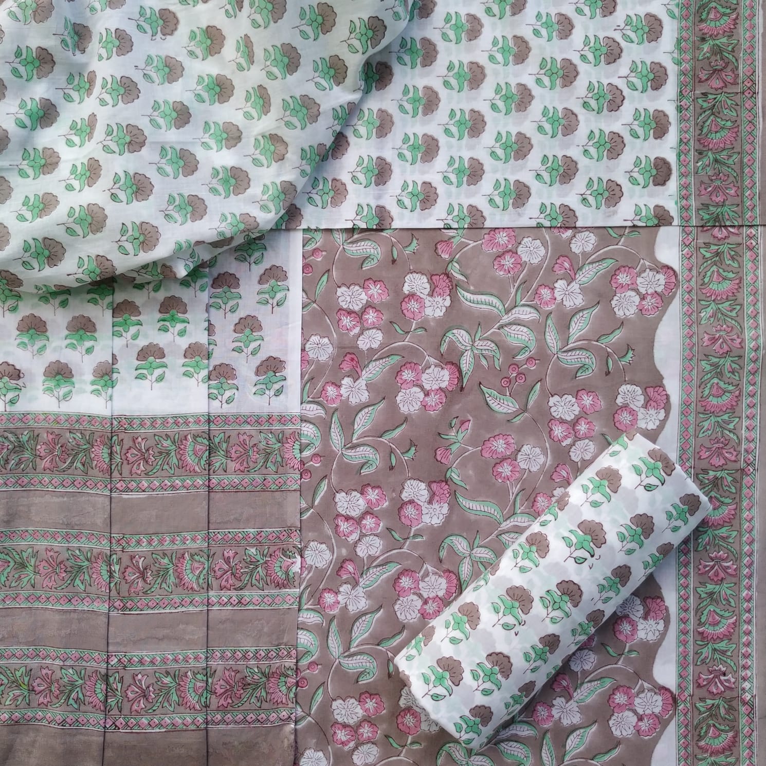 Shop Unstitched Hand Block Print Pure Cotton Suits with Mulmul Dupatta (PRMUL201)