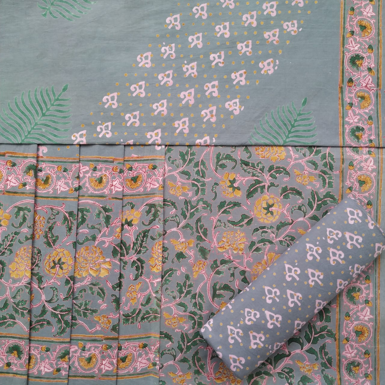 Shop Unstitched Hand Block Print Pure Cotton Suits with Mulmul Dupatta (PRMUL204)