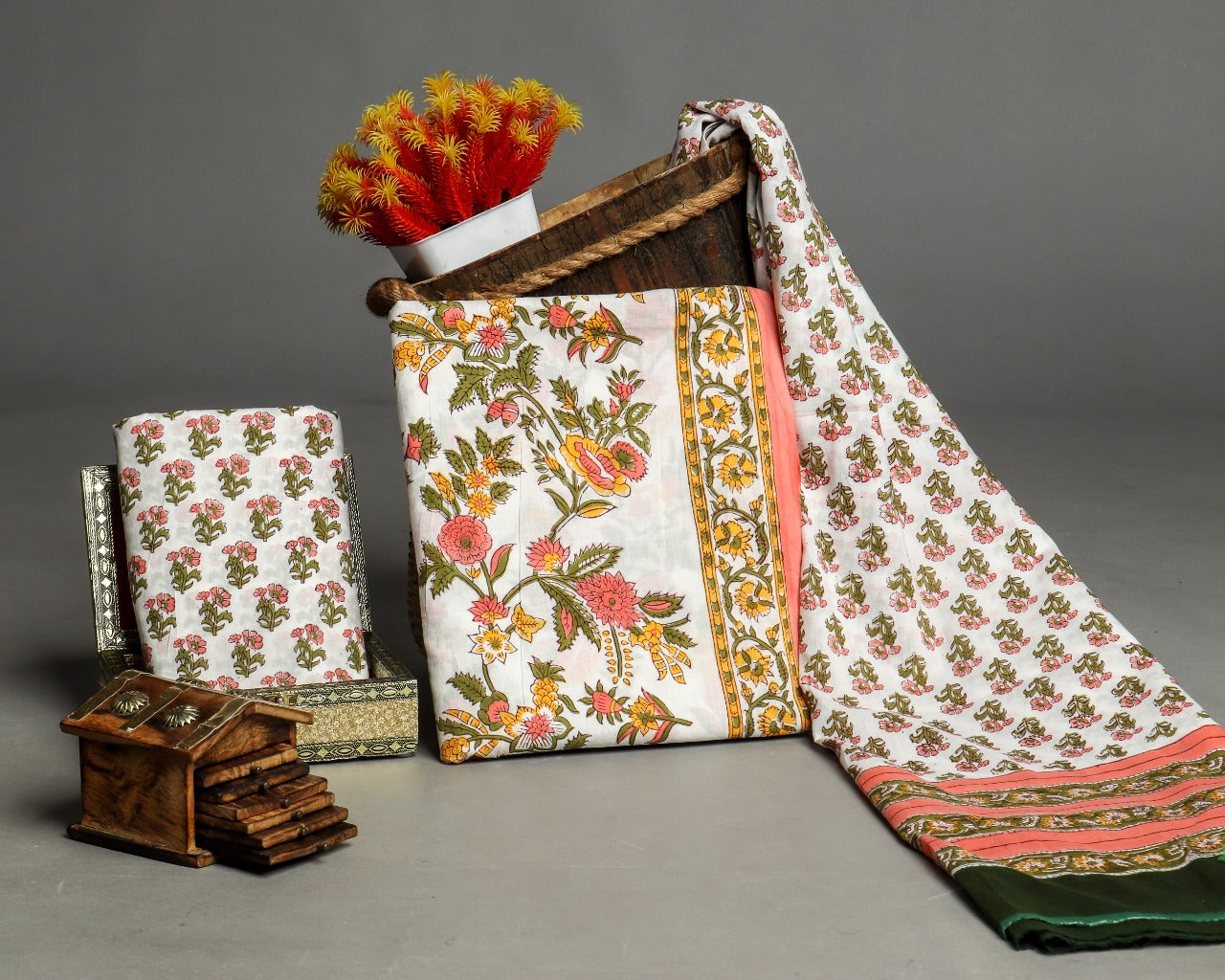 shop unstitched cotton suit with mulmul dupatta