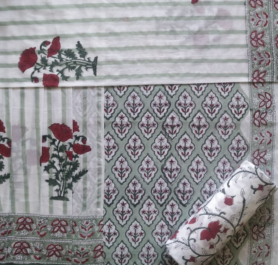 shop hand block print cotton suit with mulmul dupatta online