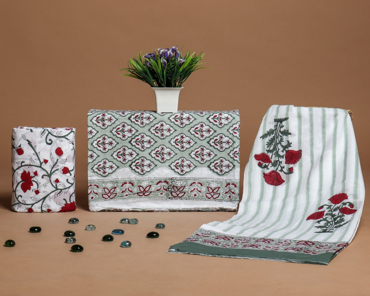 shop hand block print cotton suit with mulmul dupatta online