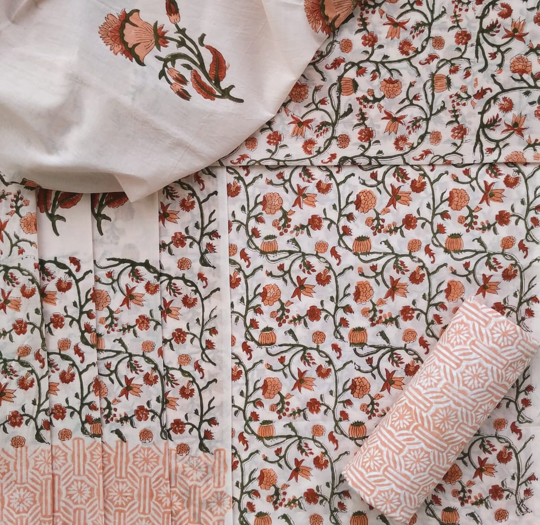 Shop hand block print mulmul dupatta cotton suit sets (PRMUL323)