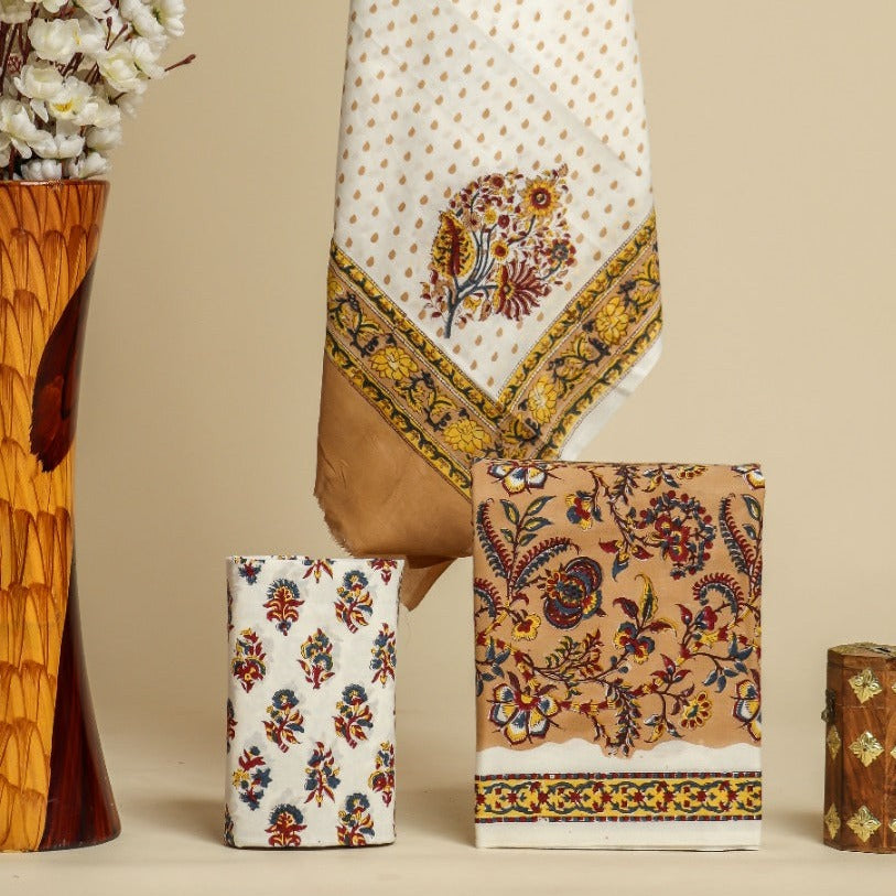 Shop block print cotton suit sets with mulmul dupatta (PRMUL337)