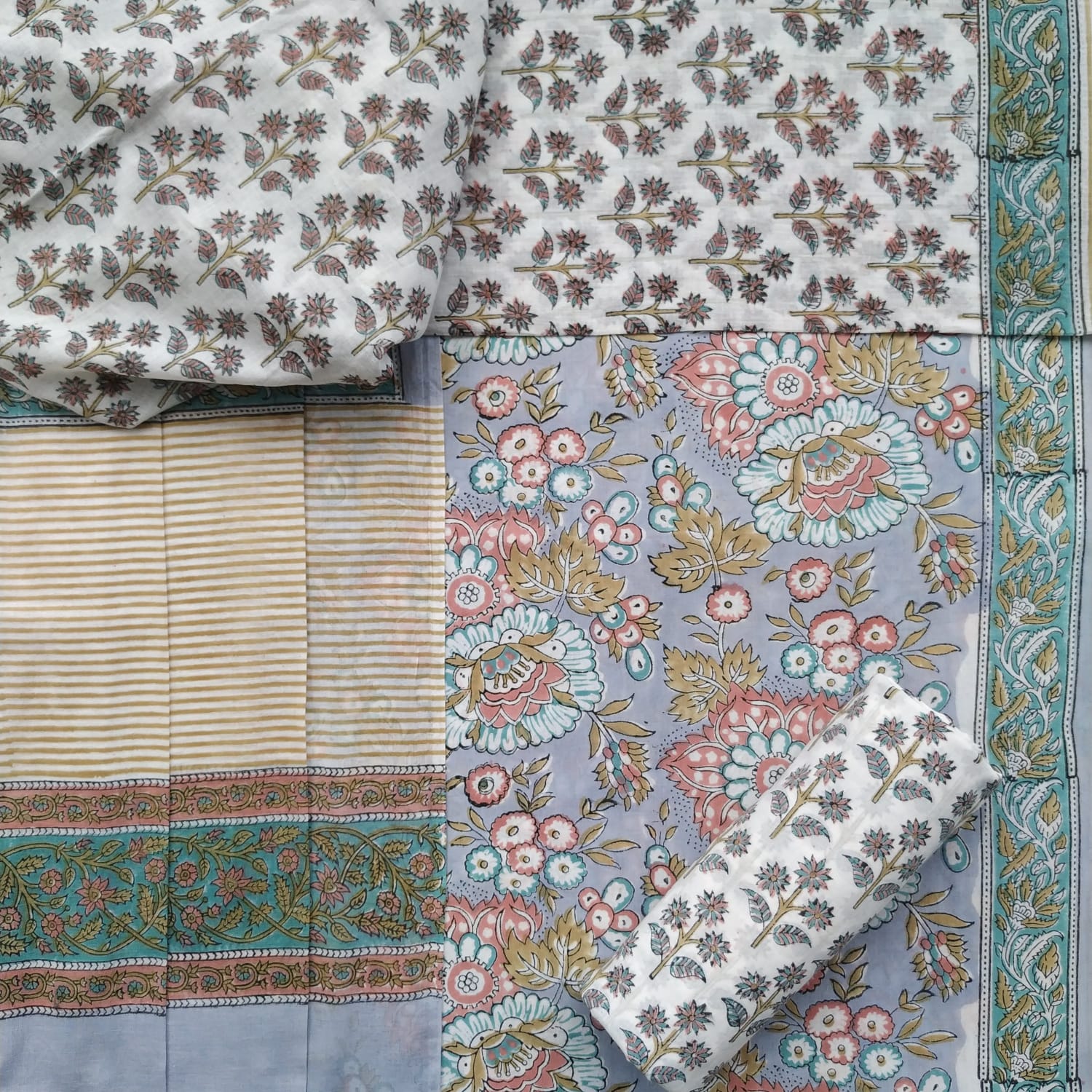 Shop unstitched cotton suit sets with mulmul dupatta online (PRMUL375)