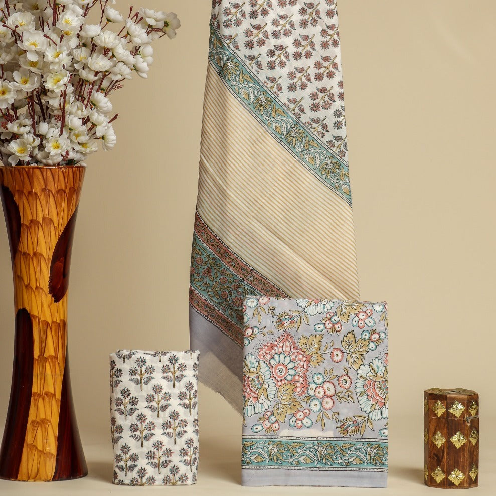 Shop unstitched cotton suit sets with mulmul dupatta online (PRMUL375)