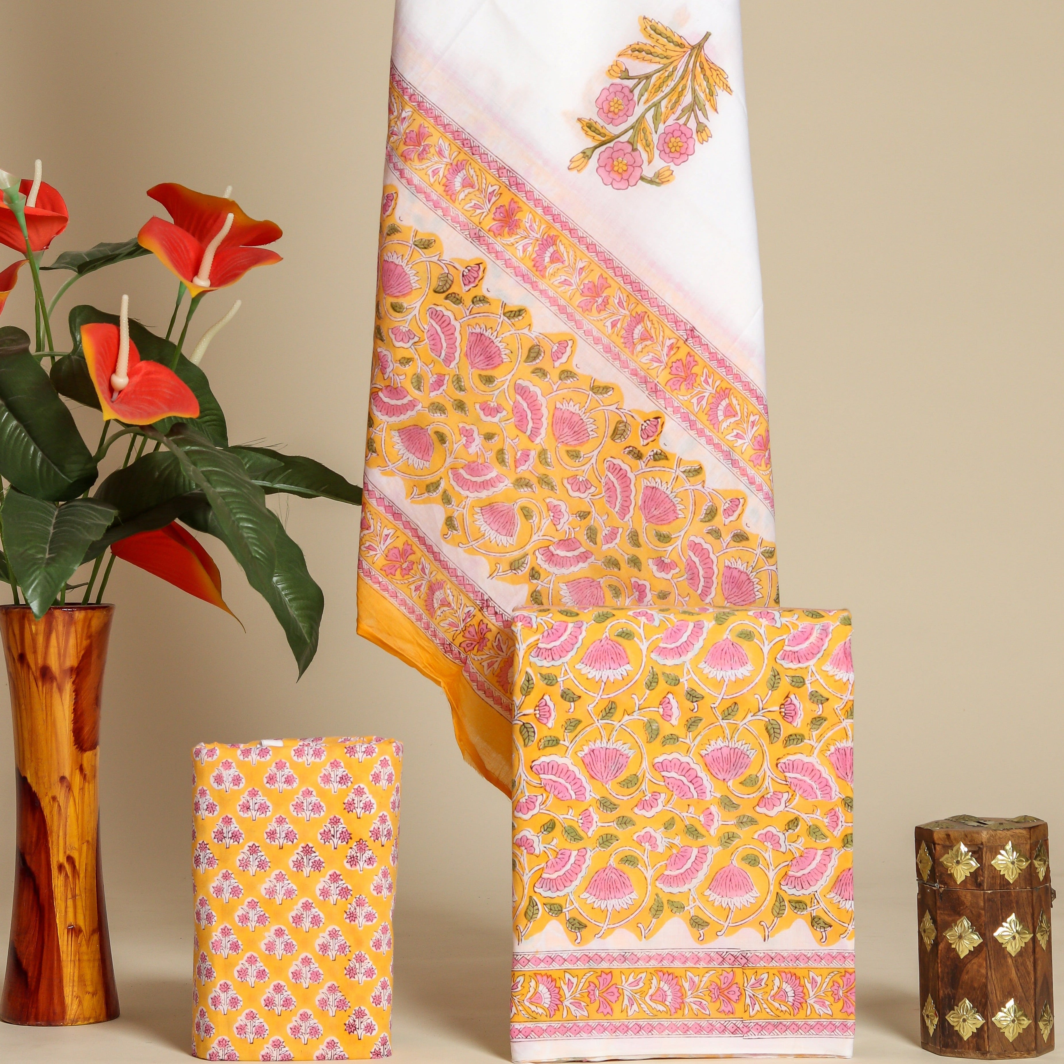 Designer Hand Block Print Cotton Suit Set with Mulmul Dupatta