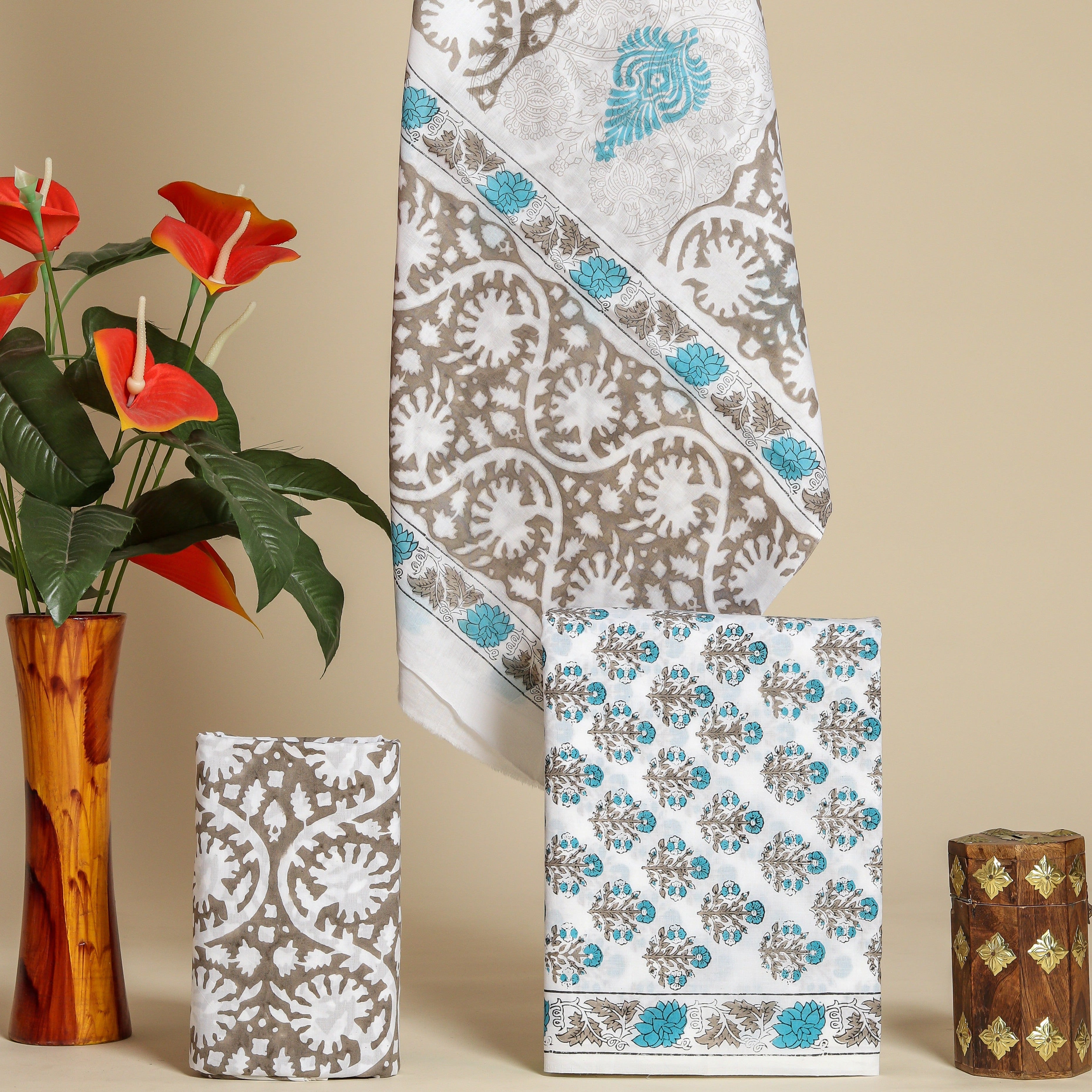 Designer Hand Block Print Cotton Suit Set with Mulmul Dupatta