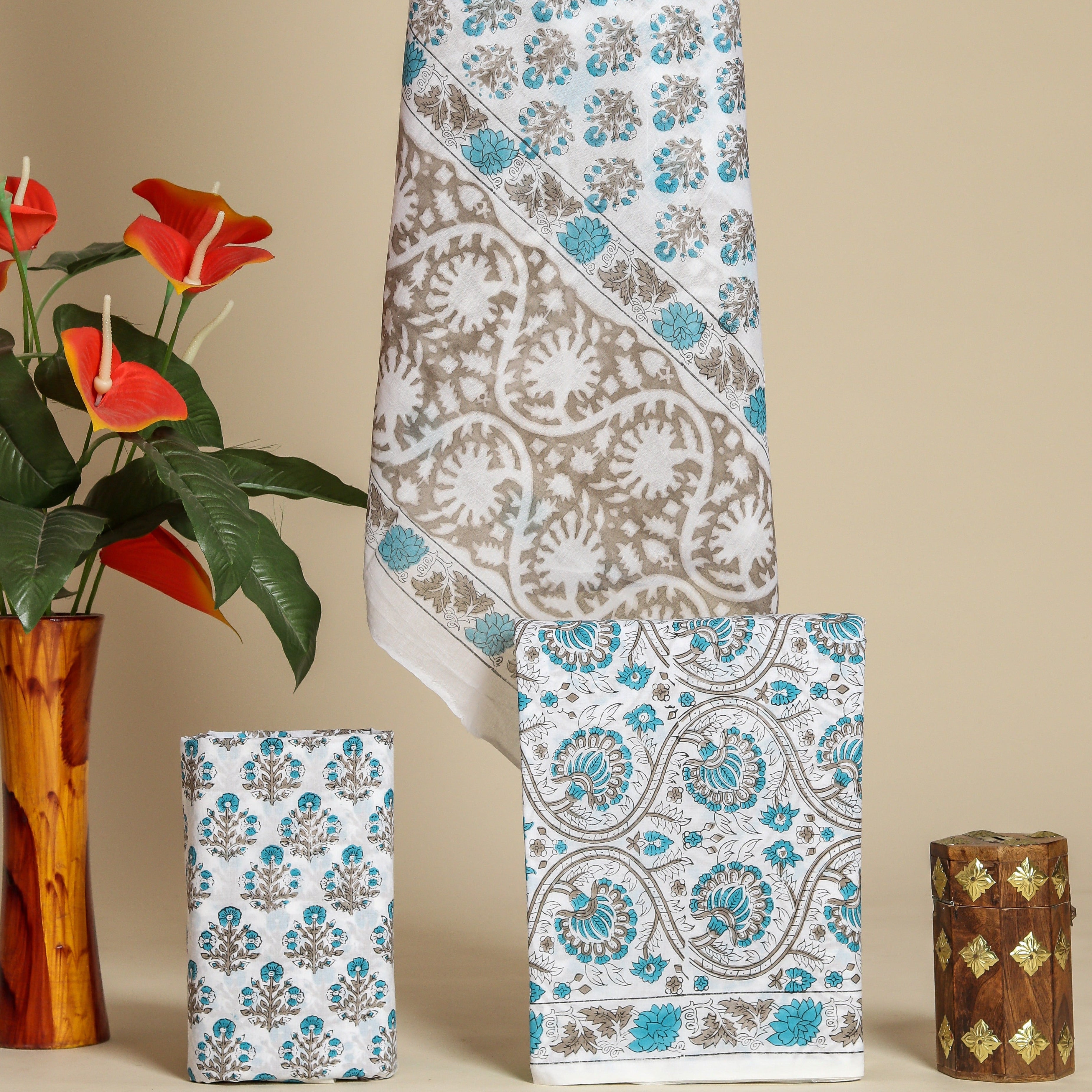 Traditional Hand Block Print Cotton Suit Set with Mulmul Dupatta