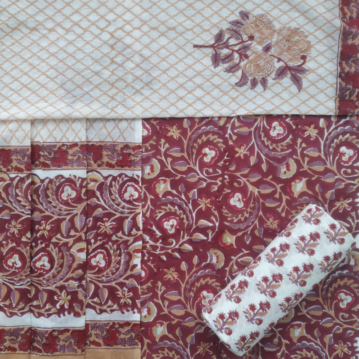 Shop block print cotton suit set with chiffon dupatta (PRMUL396)