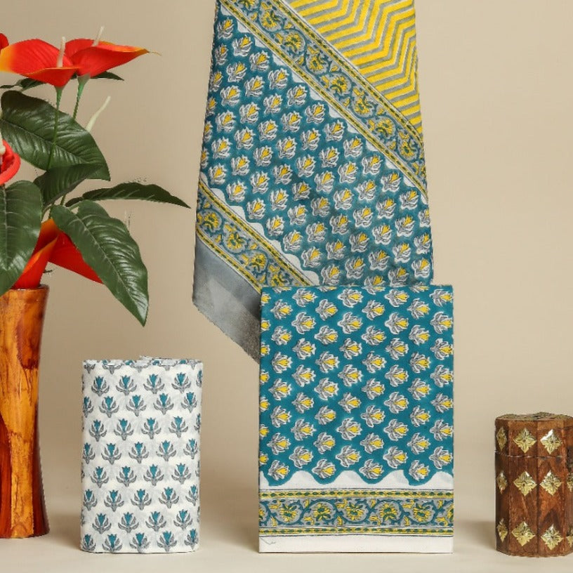 Shop block print cotton suit set with mulmul dupatta (PRMUL398)