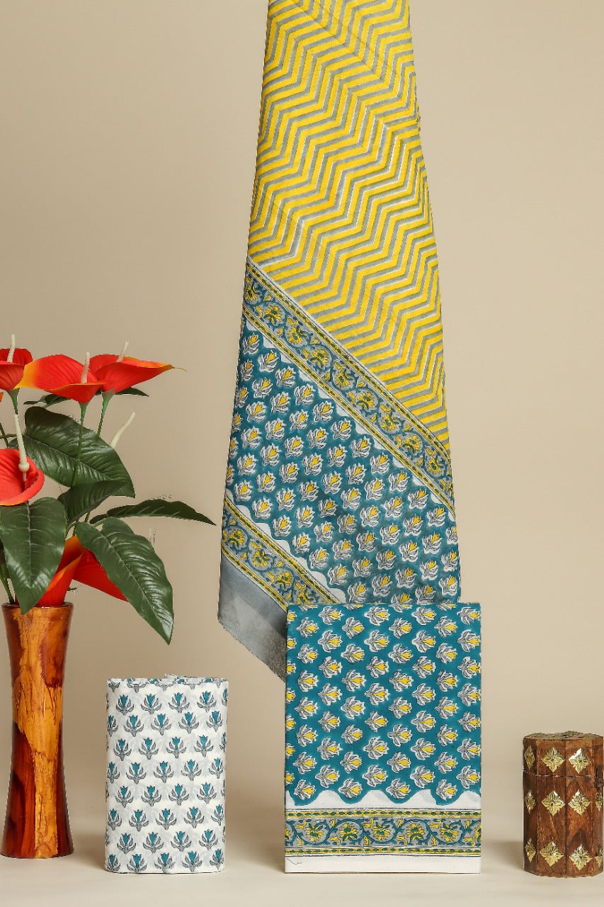 Shop block print cotton suit set with mulmul dupatta (PRMUL398)