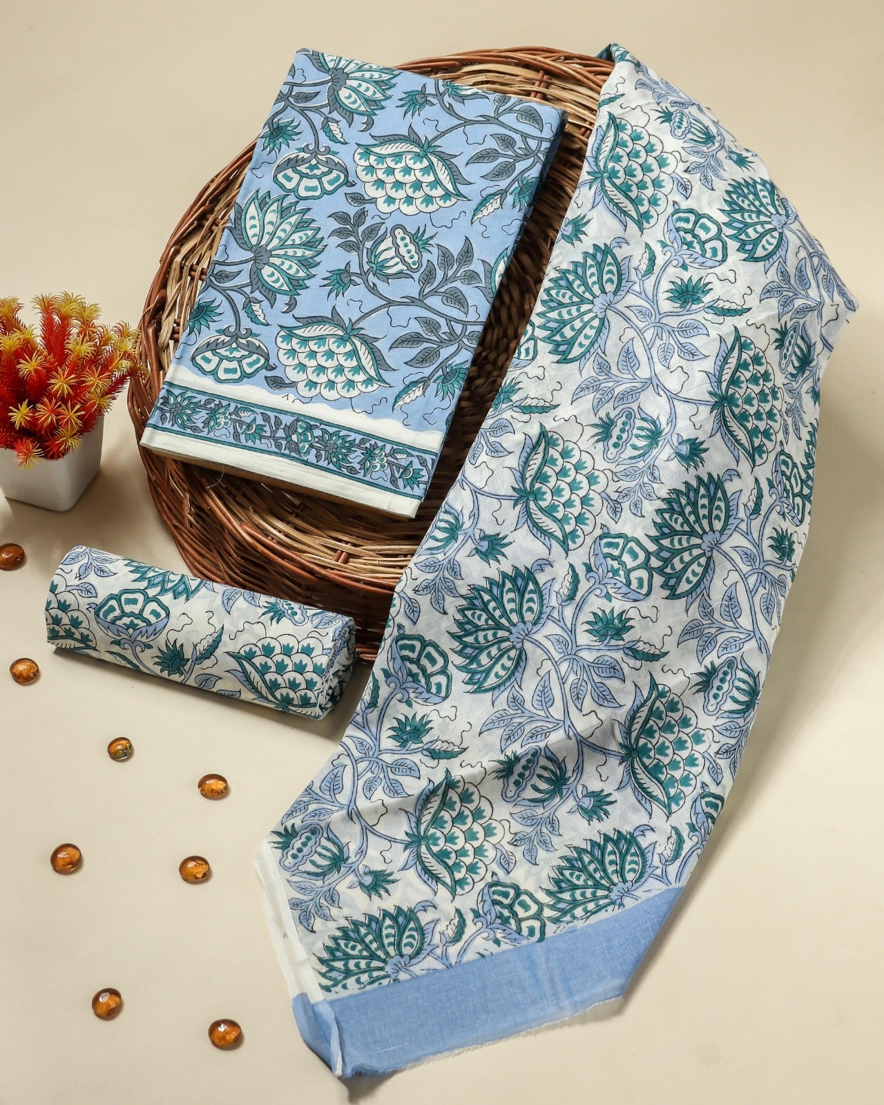 Shop hand block print cotton suit sets with mulmul dupatta (PRMUL399)