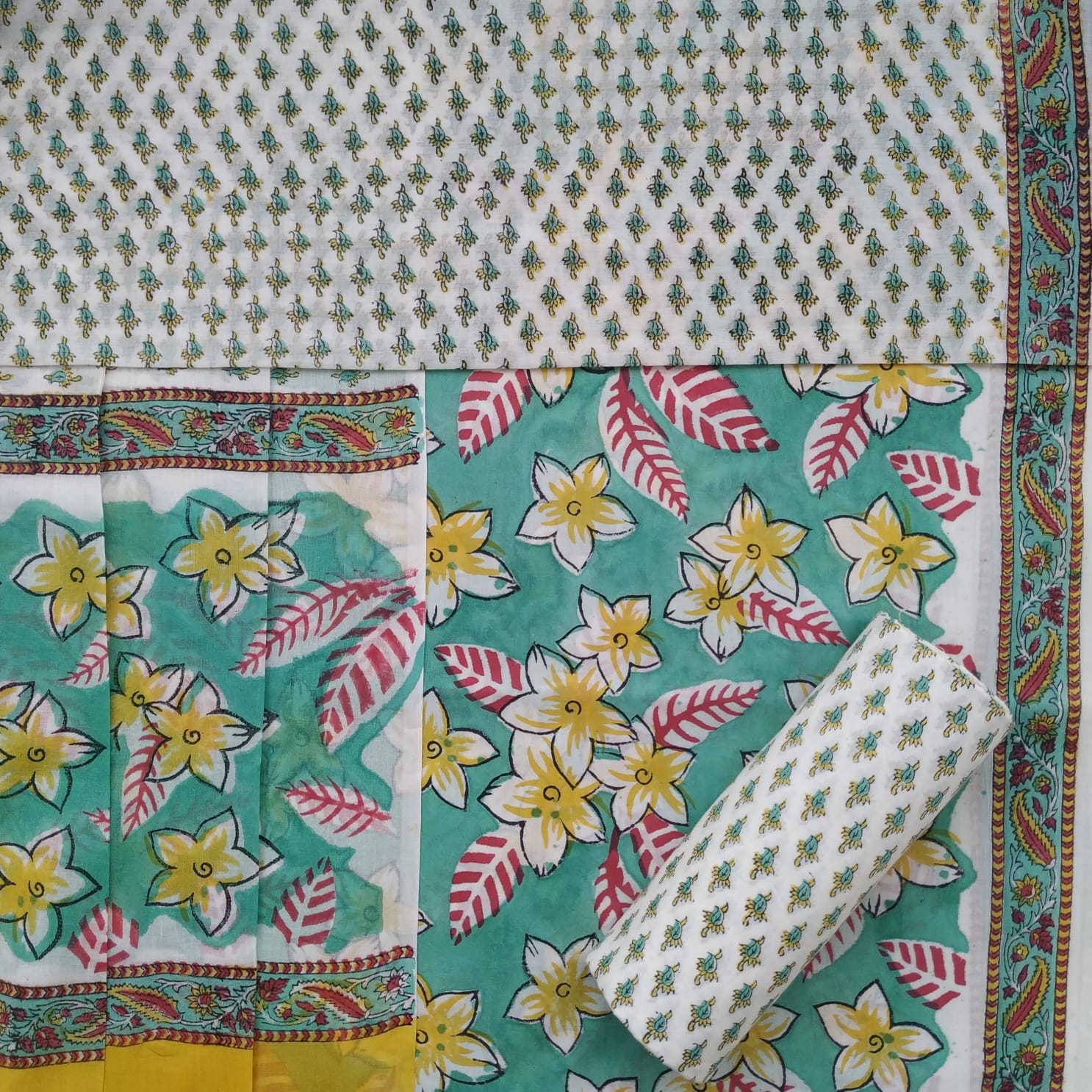 Shop hand block print cotton suit sets with mulmul dupatta (PRMUL400)