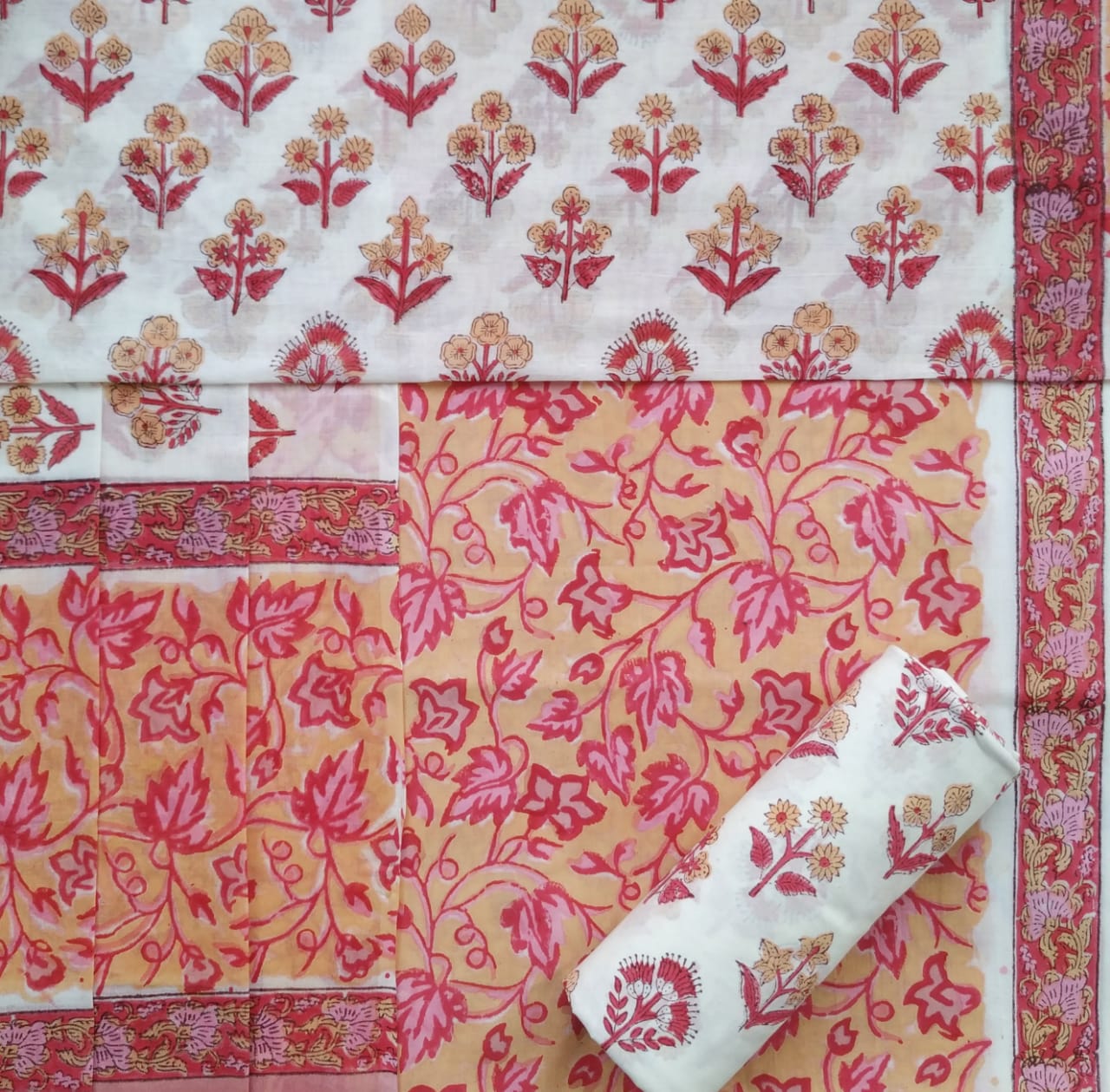 Shop hand block print cotton suits with mulmul dupatta (PRMUL406)