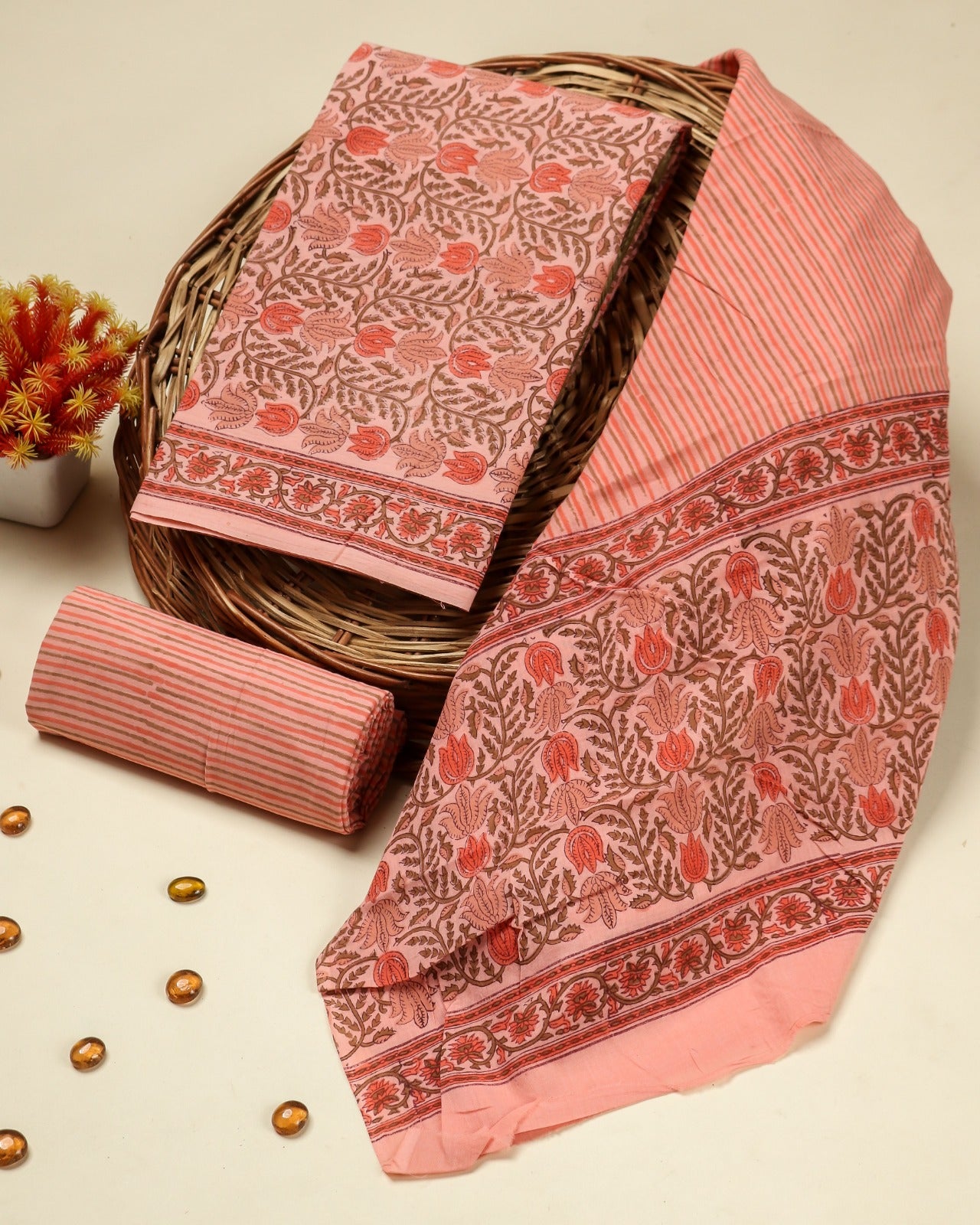 Shop unstitched hand block print cotton suit set with mulmul dupatta (PRMUL411)