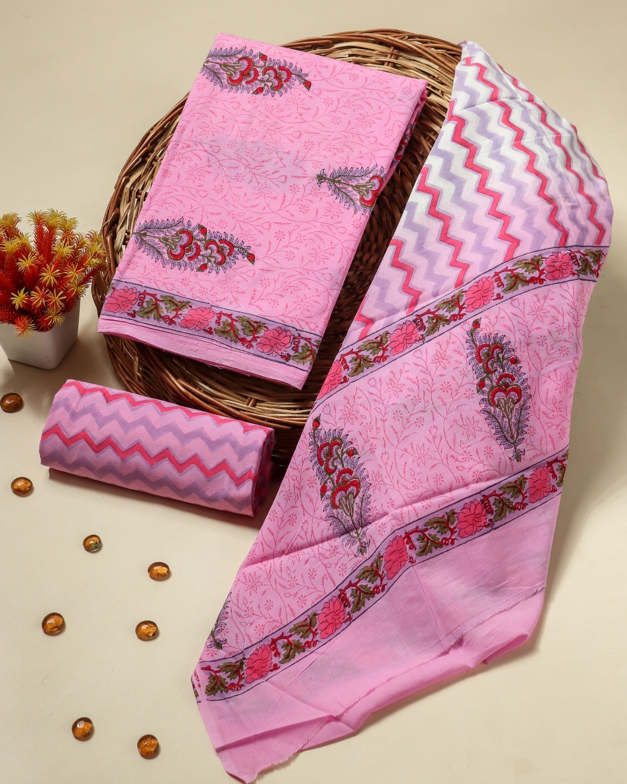 Shop hand block print cotton suits with mulmul dupatta in jaipur (PRMUL413)