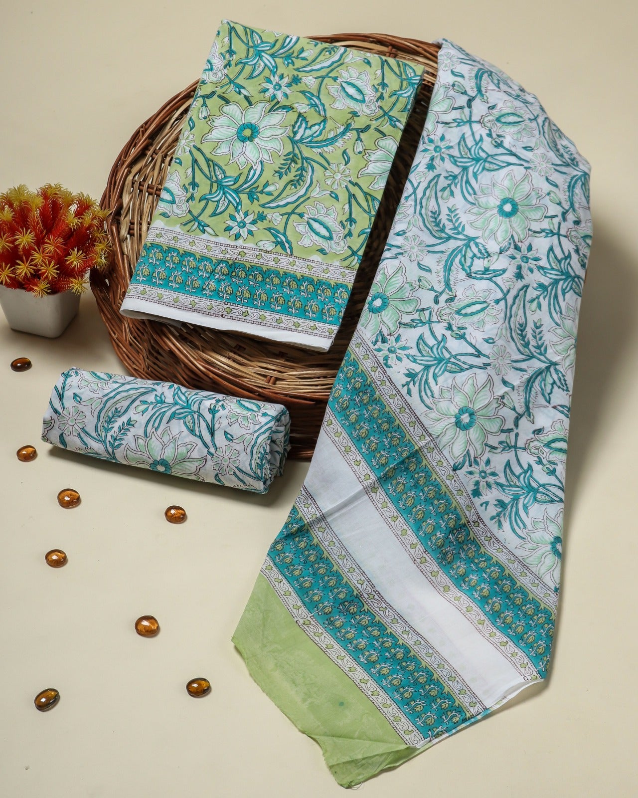 Shop hand block print cotton suits with mulmul dupatta (PRMUL42)