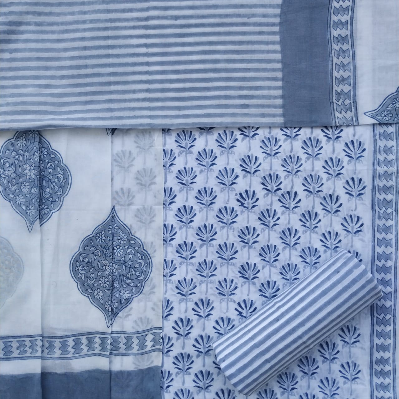 Shop unstitched block print cotton suit with cotton dupatta (PRMUL425)