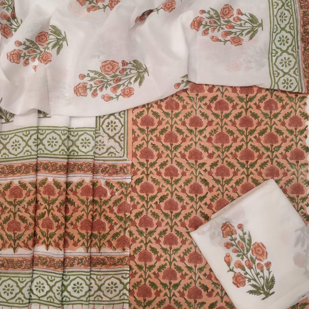 Traditional Hand Block Print Cotton Suit with Mulmul Dupatta (PRMUL55) - ShalviFashion