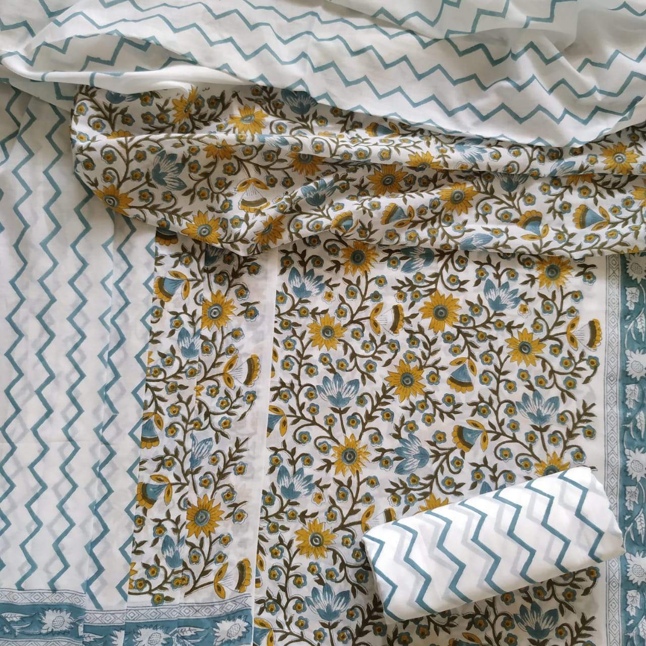 Floral Jaal Block Print Pure Cotton Suit with Mulmul Dupatta (PRMUL61) - ShalviFashion