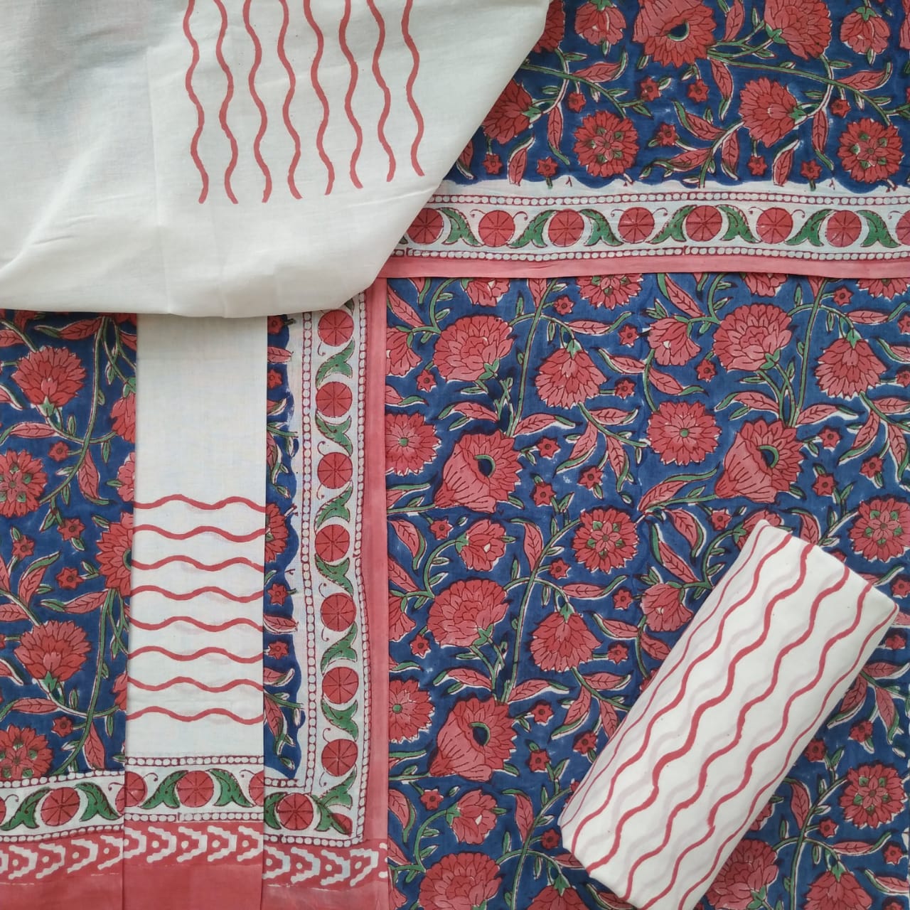 Traditional Block Print Pure Cotton Suit with Mulmul Dupatta (PRMUL70) - ShalviFashion