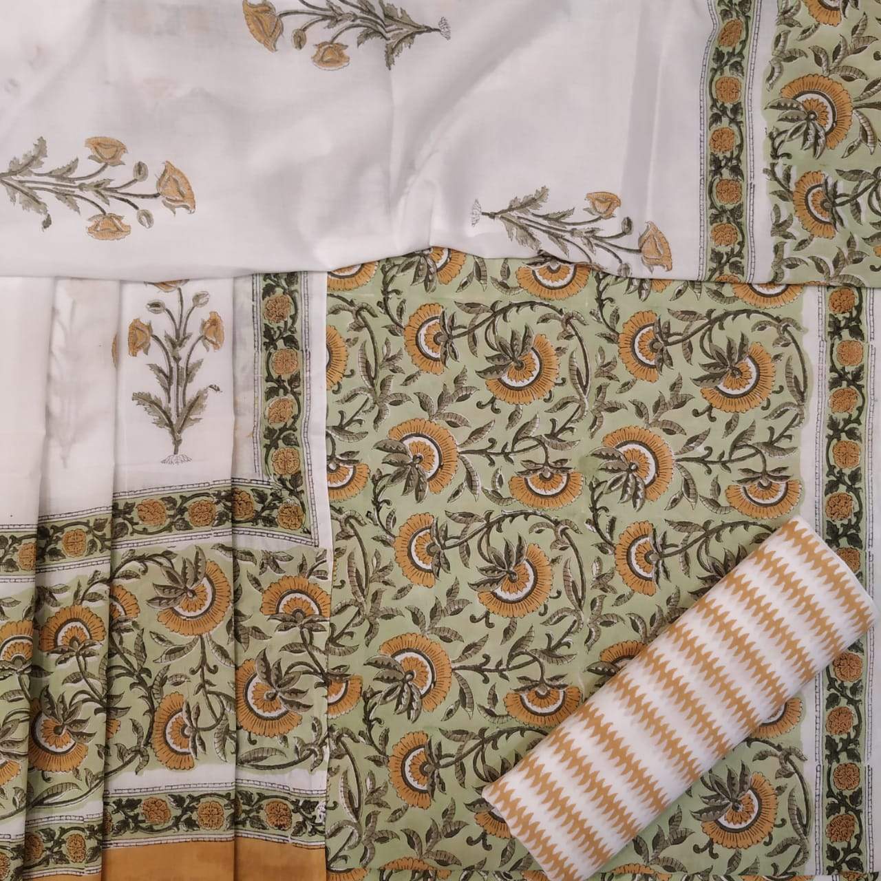 Shop Unstitched Block Print Pure Cotton Suits with Mulmul Dupatta (PRMUL72)