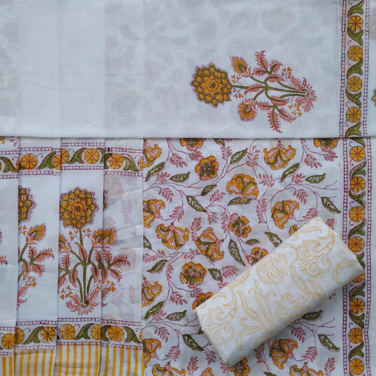 Shop Unstitched Block Print Pure Cotton Suits with Mulmul Dupatta (PRMUL74)