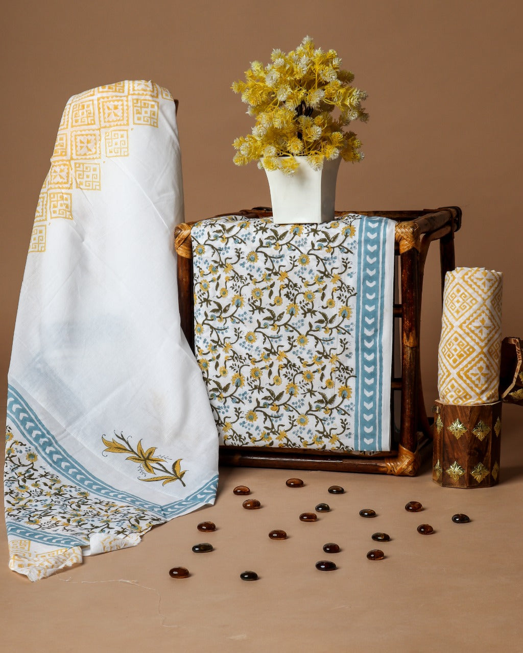 Shop Unstitched Block Print Pure Cotton Suit with Mulmul Dupatta (PRMUL75)