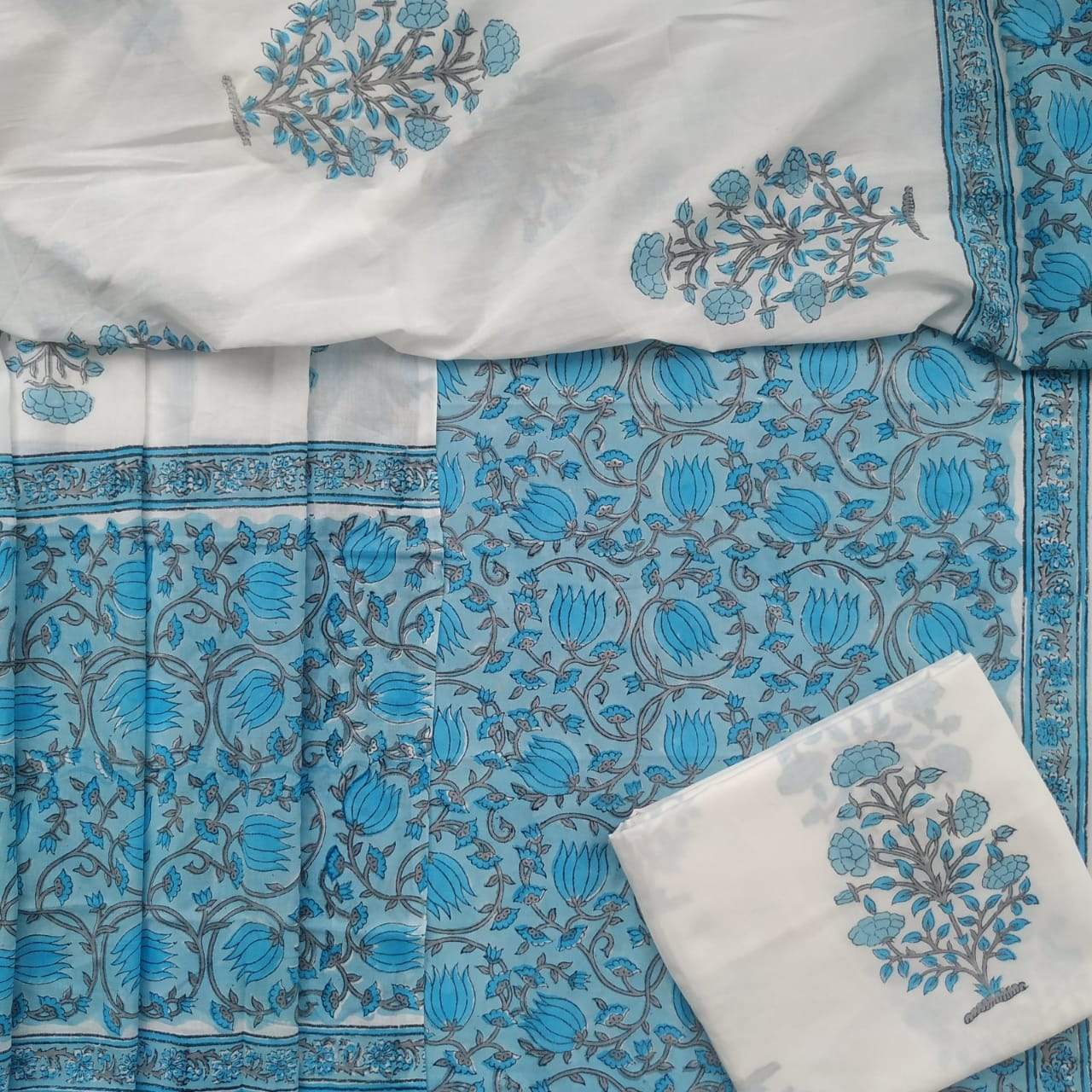 Shop Unstitched Hand Block Print Pure Cotton Suit material online with Mulmul Dupatta (PRMUL78)