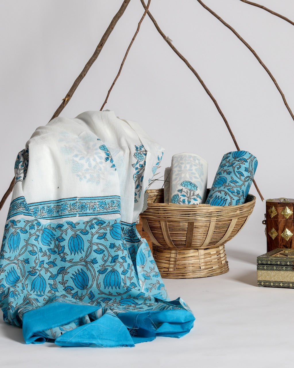 Shop Unstitched Hand Block Print Pure Cotton Suit material online with Mulmul Dupatta (PRMUL78)