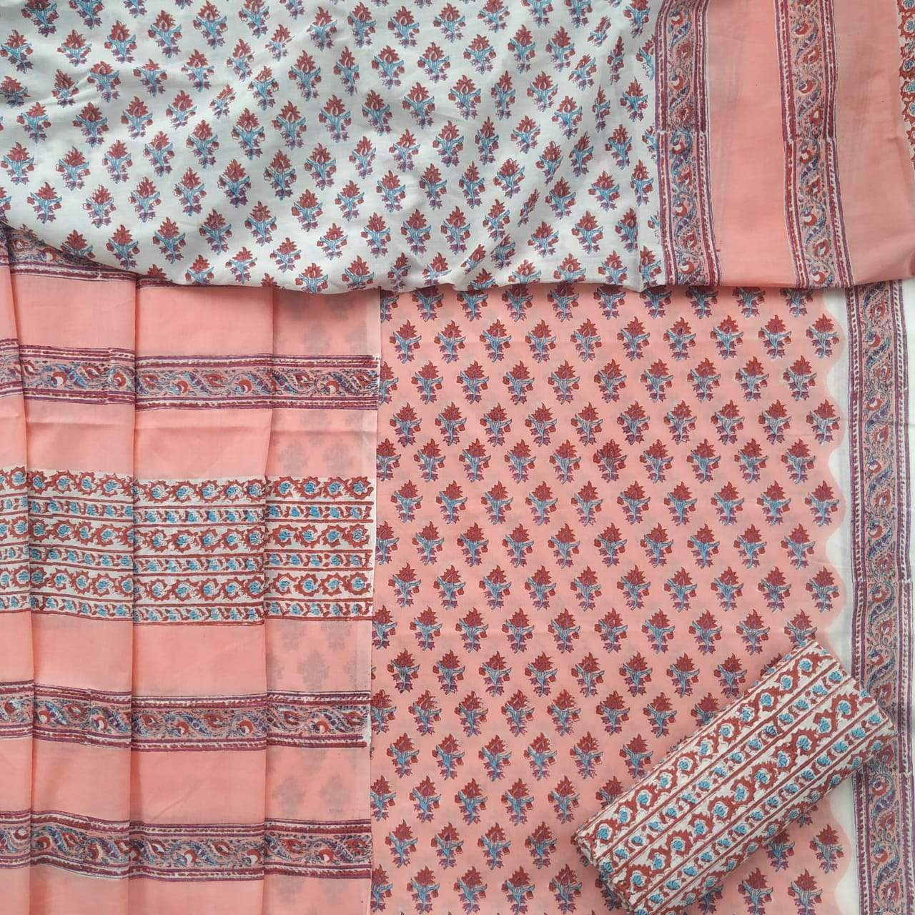 Shop Unstitched Hand Block Print Pure Cotton Suit material with Mulmul Dupatta (PRMUL79)