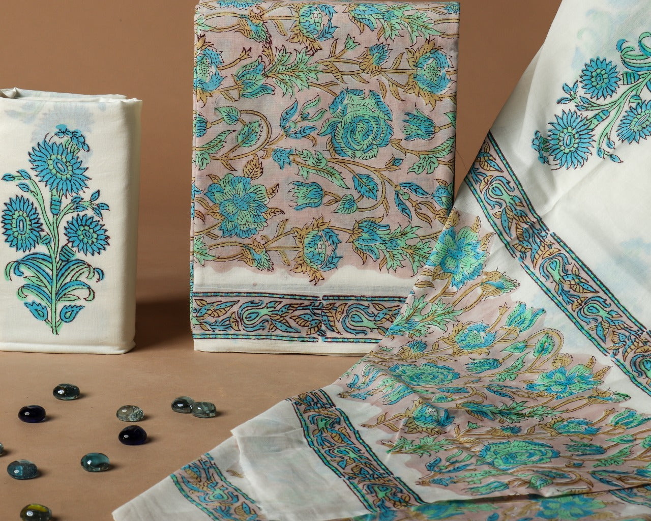 Shop Unstitched Hand Block Print Pure Cotton Suit material with Mulmul Dupatta (PRMUL82)