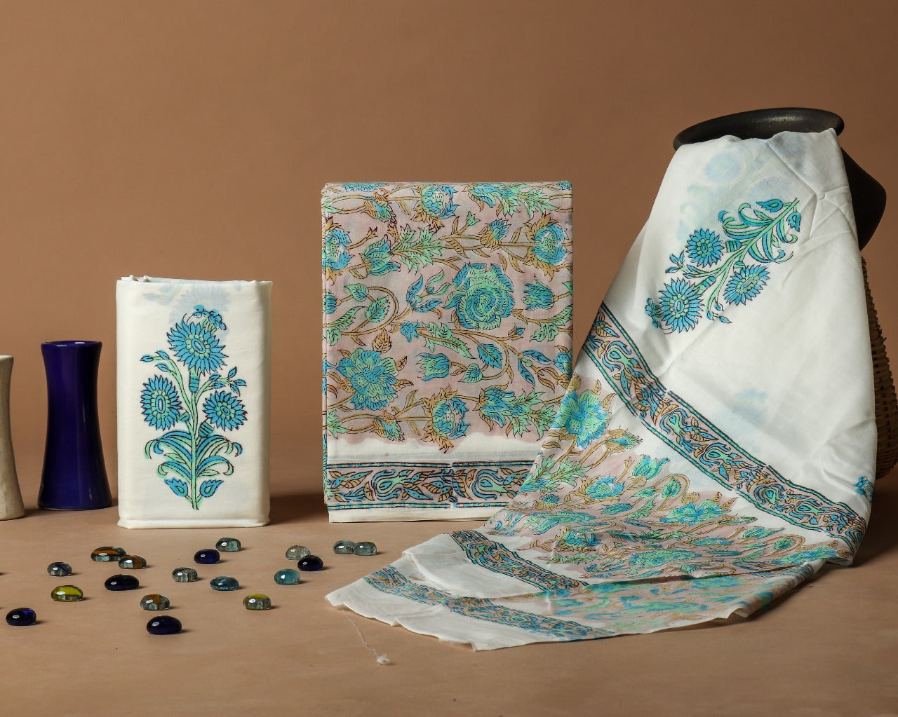 Shop Unstitched Hand Block Print Pure Cotton Suit material with Mulmul Dupatta (PRMUL82)