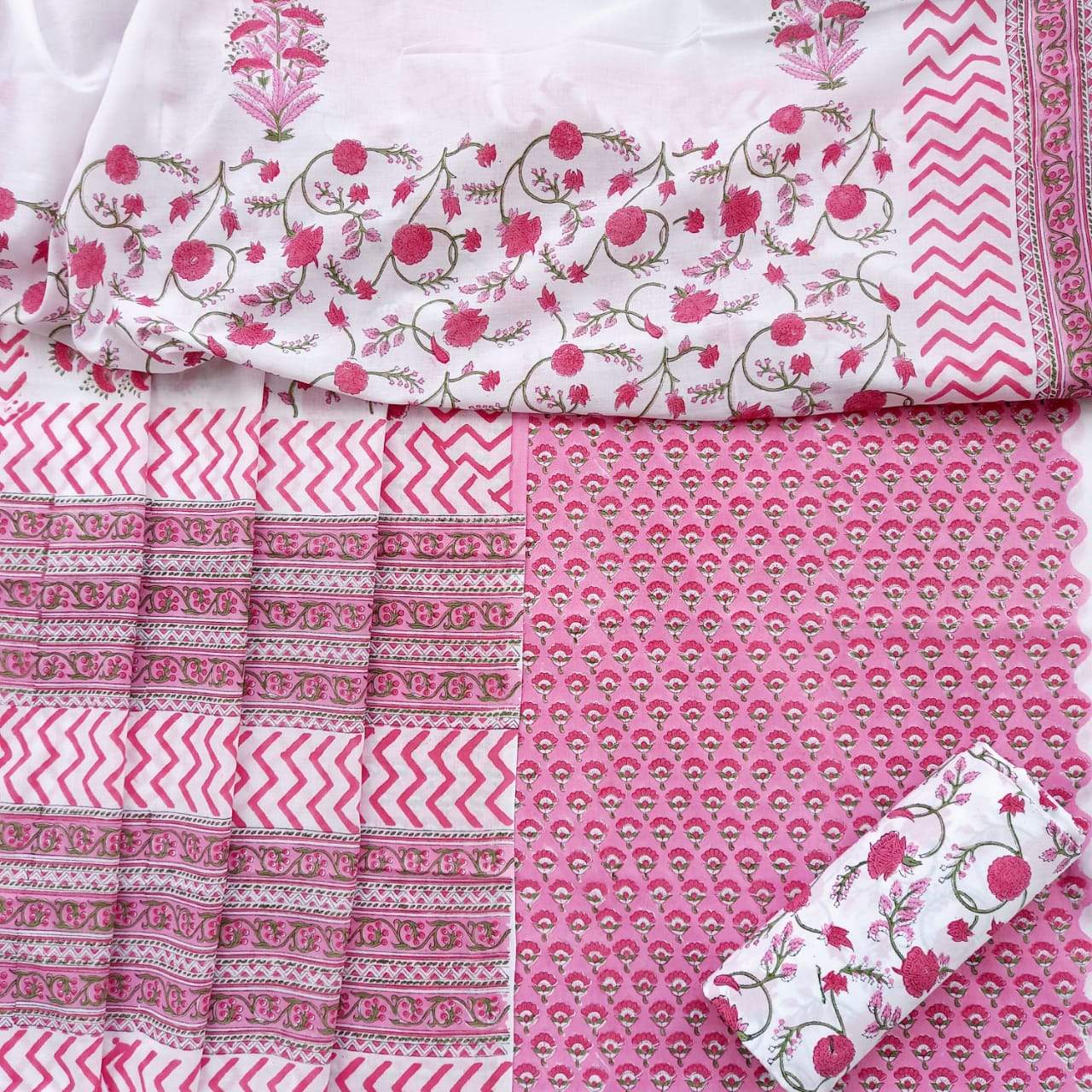 Shop Unstitched Hand Block Print Pure Cotton Suits with Mulmul Dupatta (PRMUL83)