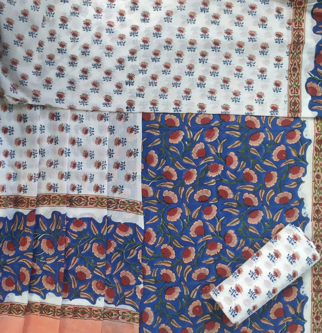 Shop Unstitched Hand Block Print Pure Cotton Suits with Mulmul Dupatta (PRMUL89)