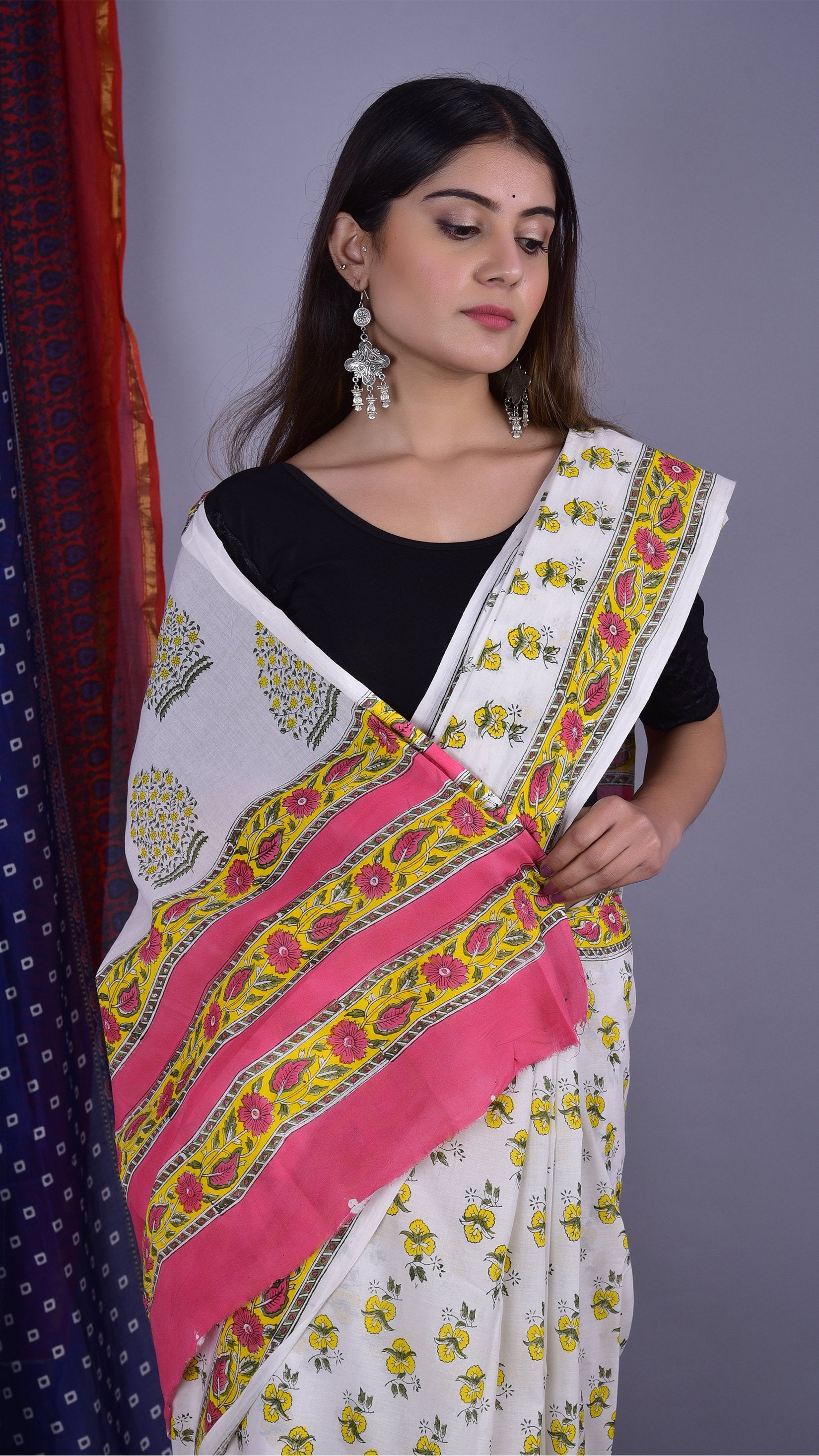 Handcrafted Saree with yellow cherry flower. - ShalviFashion