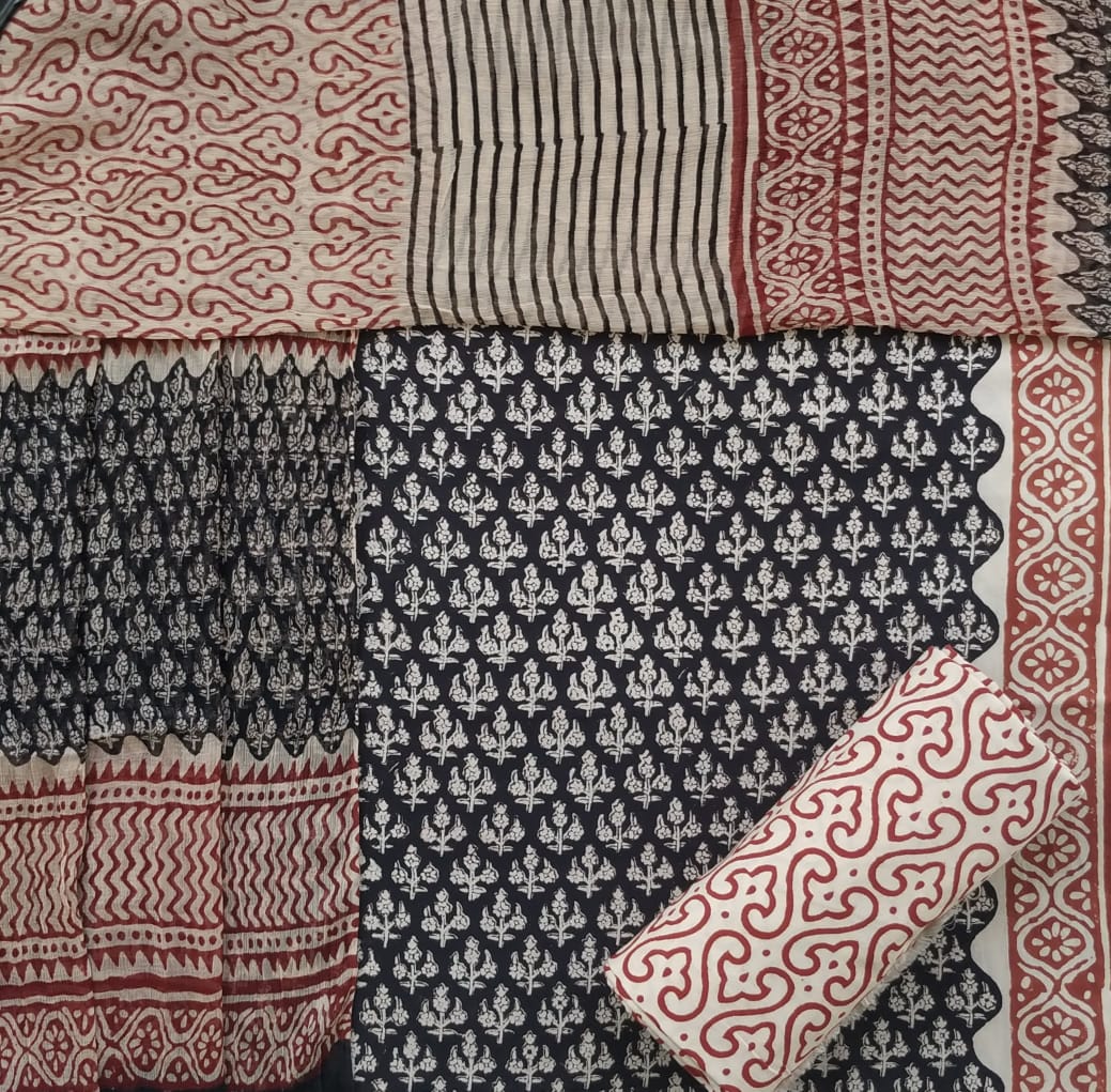 Shop Unstitched Bagru Print Pure Cotton Suits with Chiffon Dupatta (RCHF62)