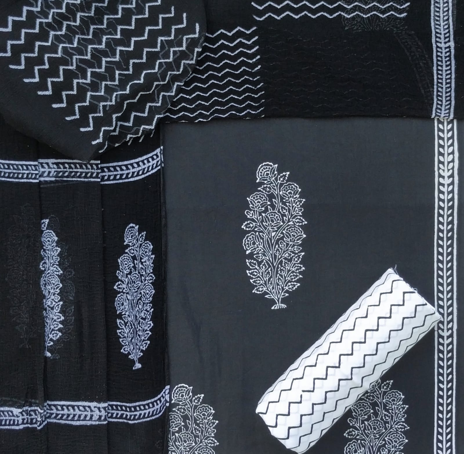 Shop hand block print cotton suits with chiffon dupatta (RCHF97)