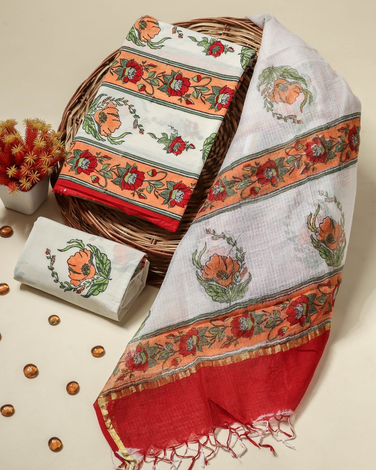 shop hand block print cotton suit with kota doria dupatta online (RKD131)