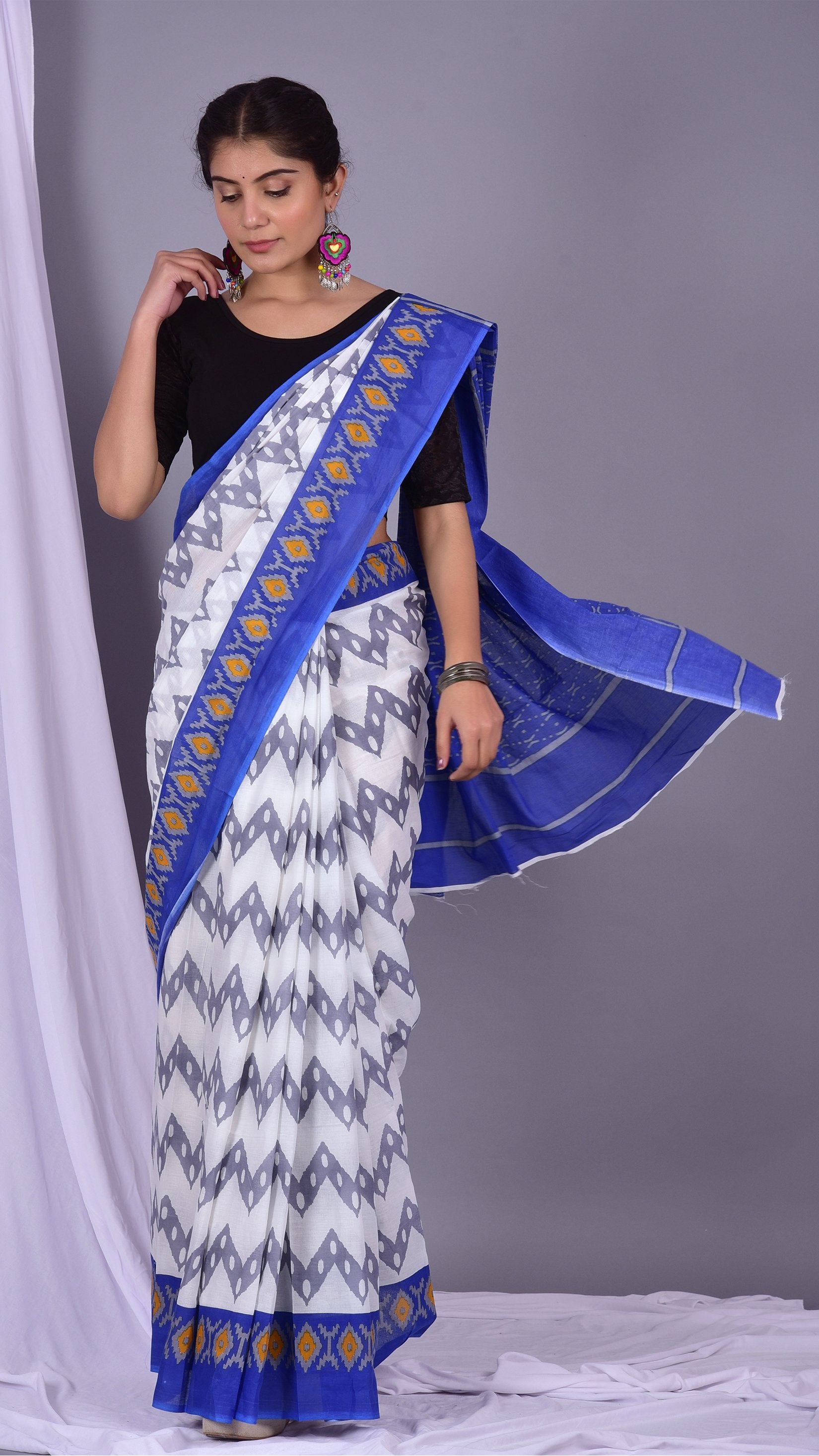 Designer Stripes Print Summery Pure Cotton Saree (RMULSAR11) - ShalviFashion