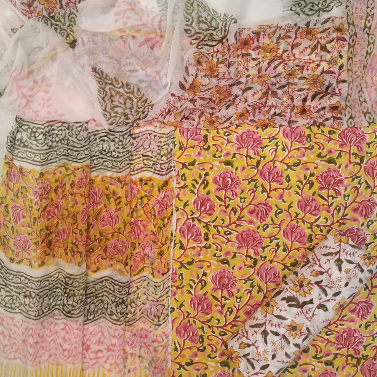 Floral Hand Block Print Pure Cotton Suits with Chiffon Dupatta (SUM87) - ShalviFashion