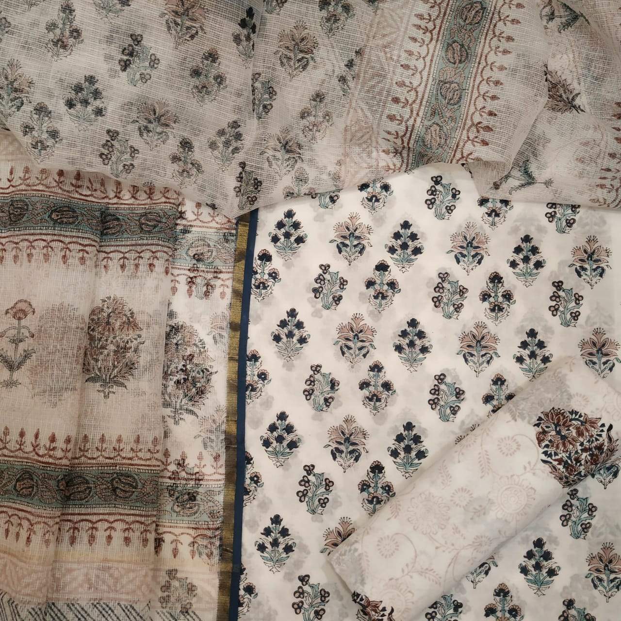 Shop Unstitched Hand Block Print Pure Cotton Suits with Kota Doria Dupatta (T3CKD107)