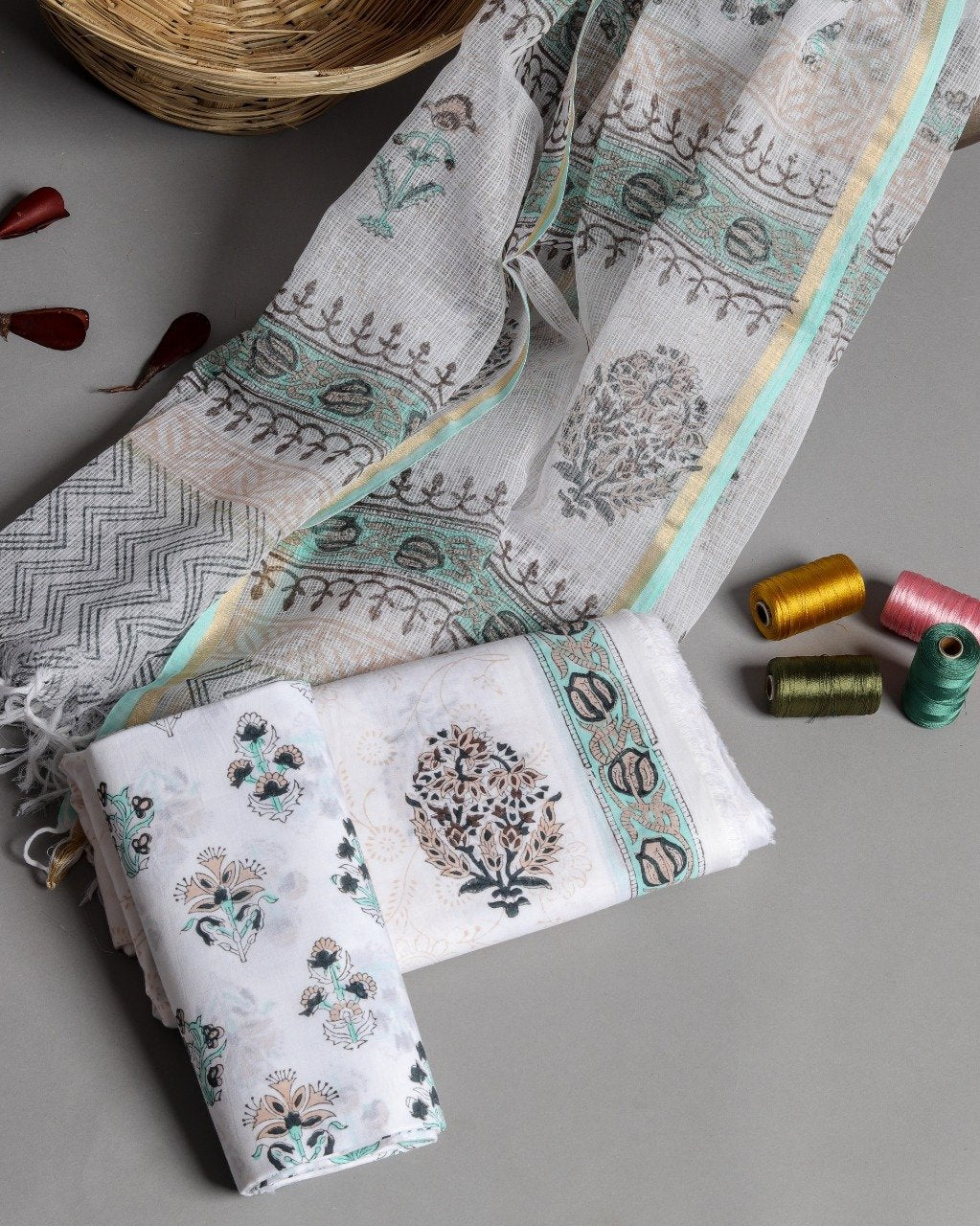 Shop Unstitched Hand Block Print Pure Cotton Suits with Kota Doria Dupatta (T3CKD107)