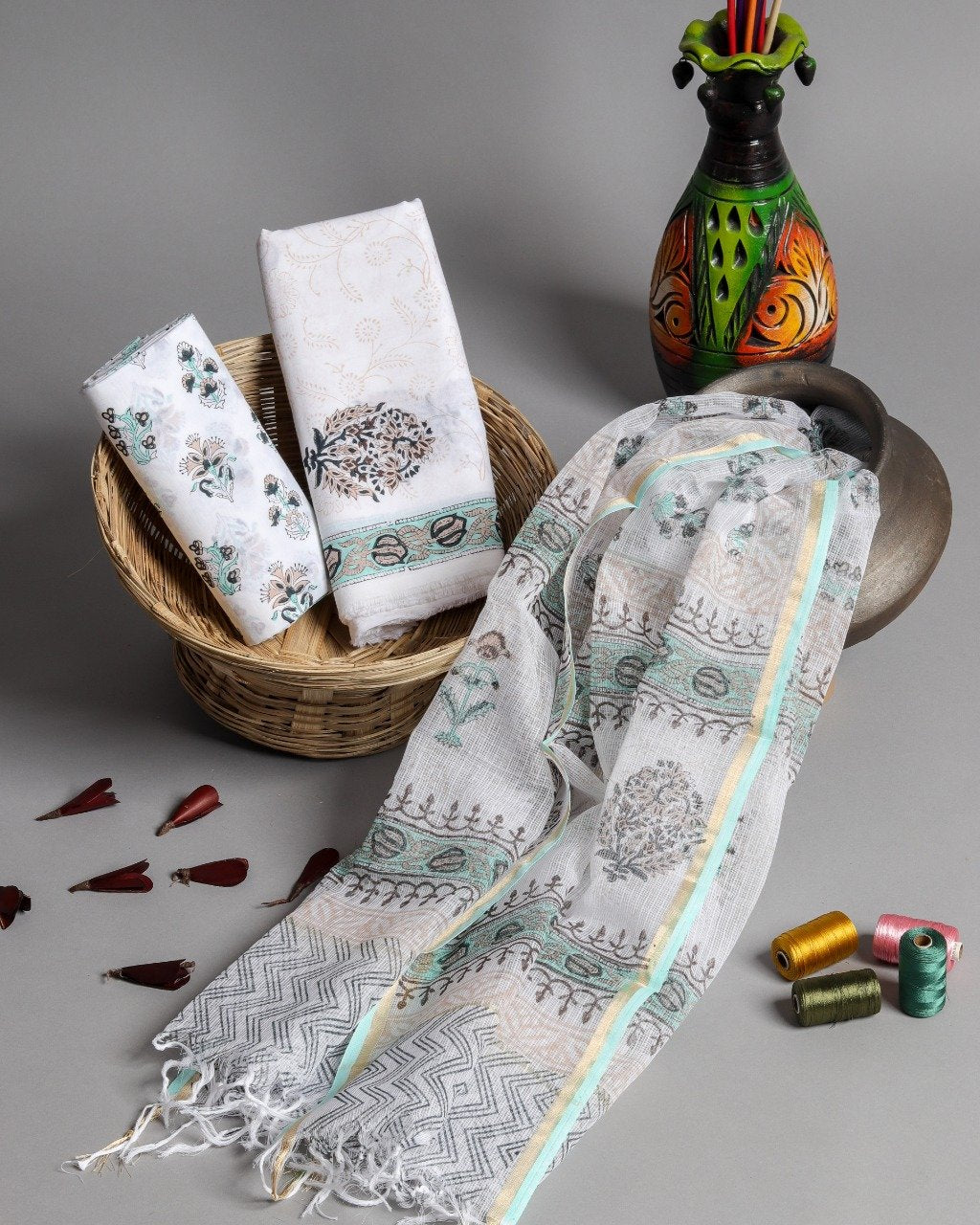 Shop Unstitched Hand Block Print Pure Cotton Suits with Kota Doria Dupatta (T3CKD107)