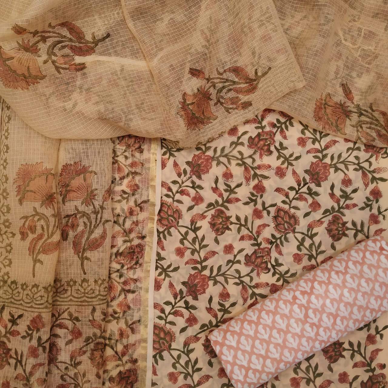 Shop Unstitched Hand Block Print Pure Cotton Suits with Kota Doria Dupatta (T3CKD112)