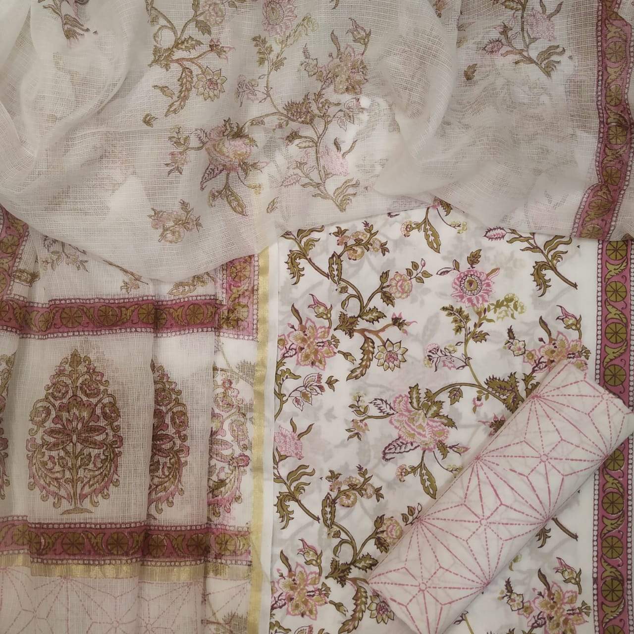 Shop Unstitched Hand Block Print Pure Cotton Suits with Kota Doria Dupatta (T3CKD151)