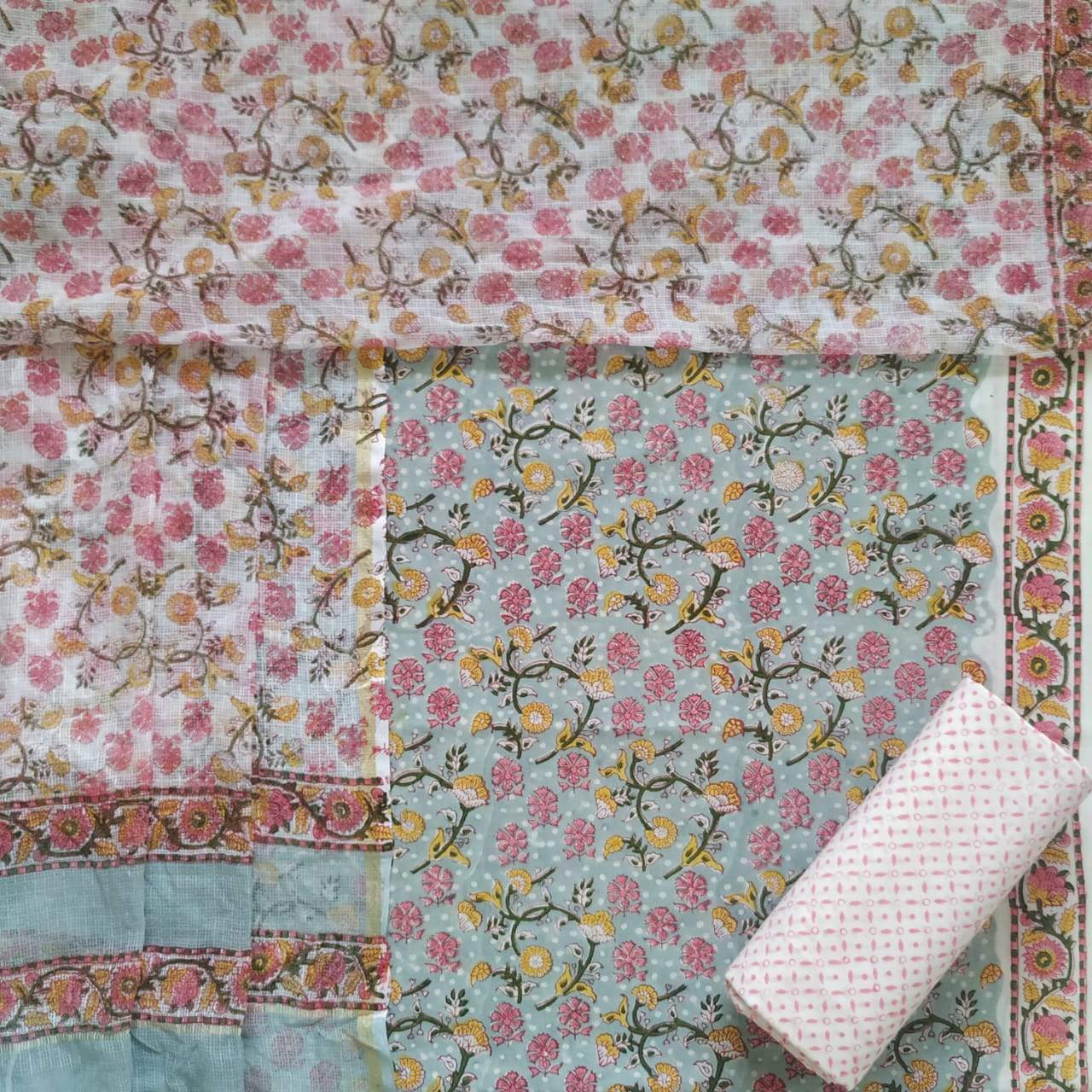 Shop Hand Block Print Pure Cotton Suits with Kota Doria Dupatta (T3CKD211)