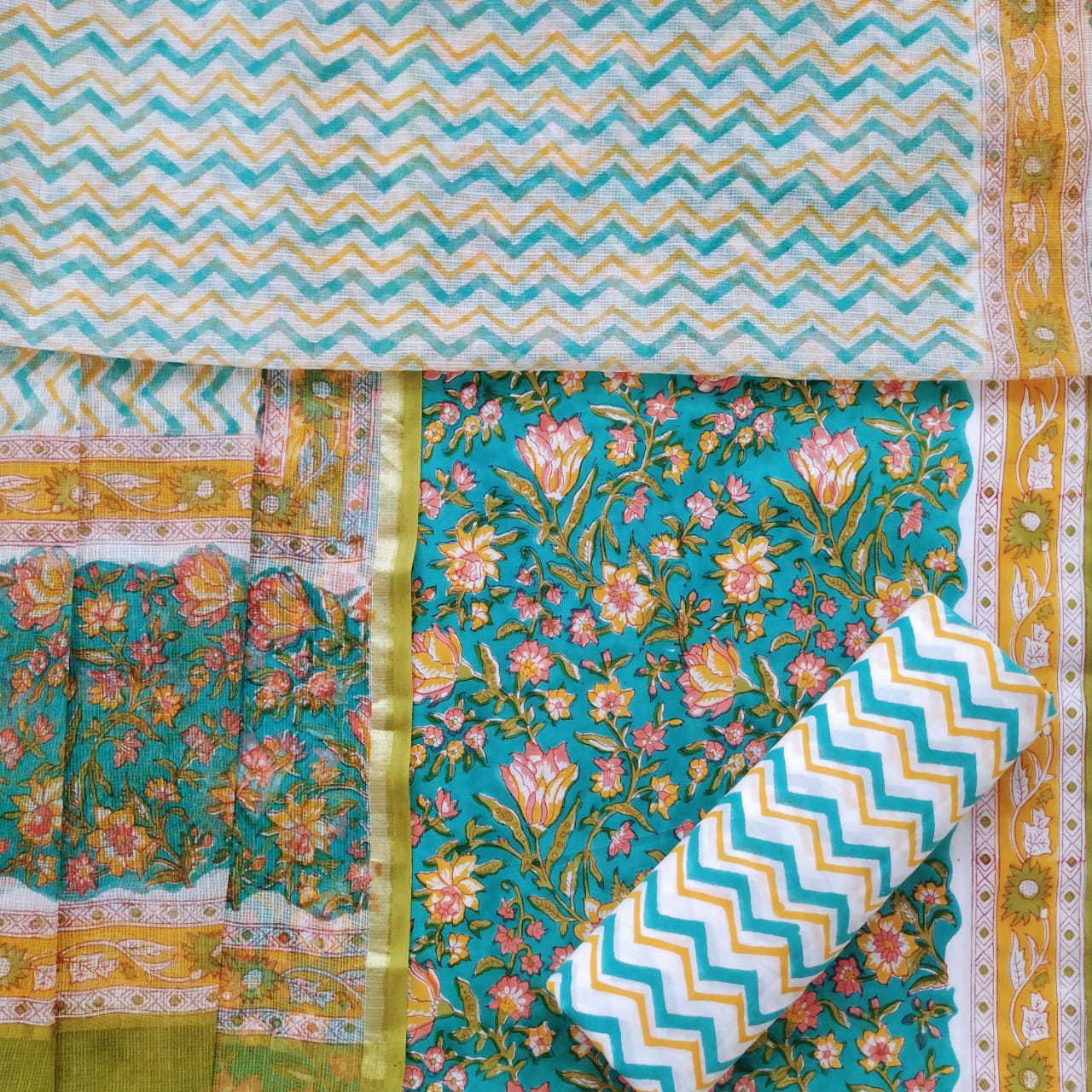 Shop Unstitched Hand Block Print Pure Cotton Suits with Kota Doria Dupatta (T3CKD309)