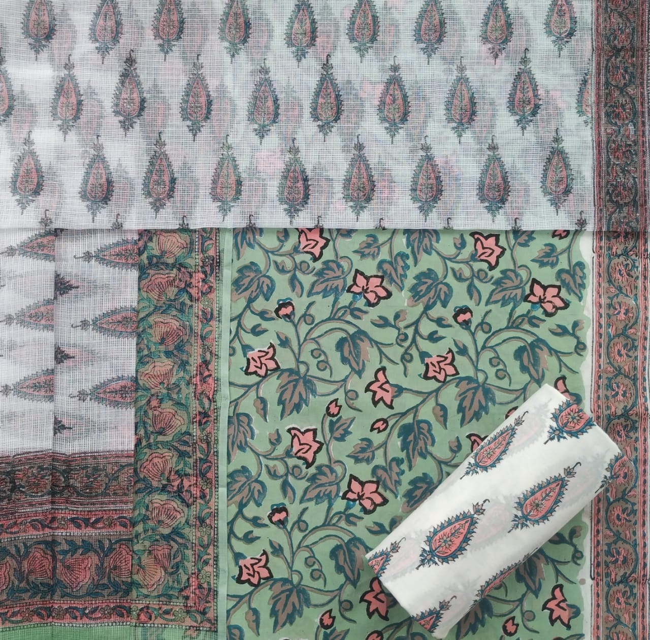 Shop Unstitched Hand Block Print Pure Cotton Suits with Kota Doria Dupatta (T3CKD318)